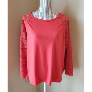 South Main XL Women's Coral Color Top With Lace Flare Sleeves